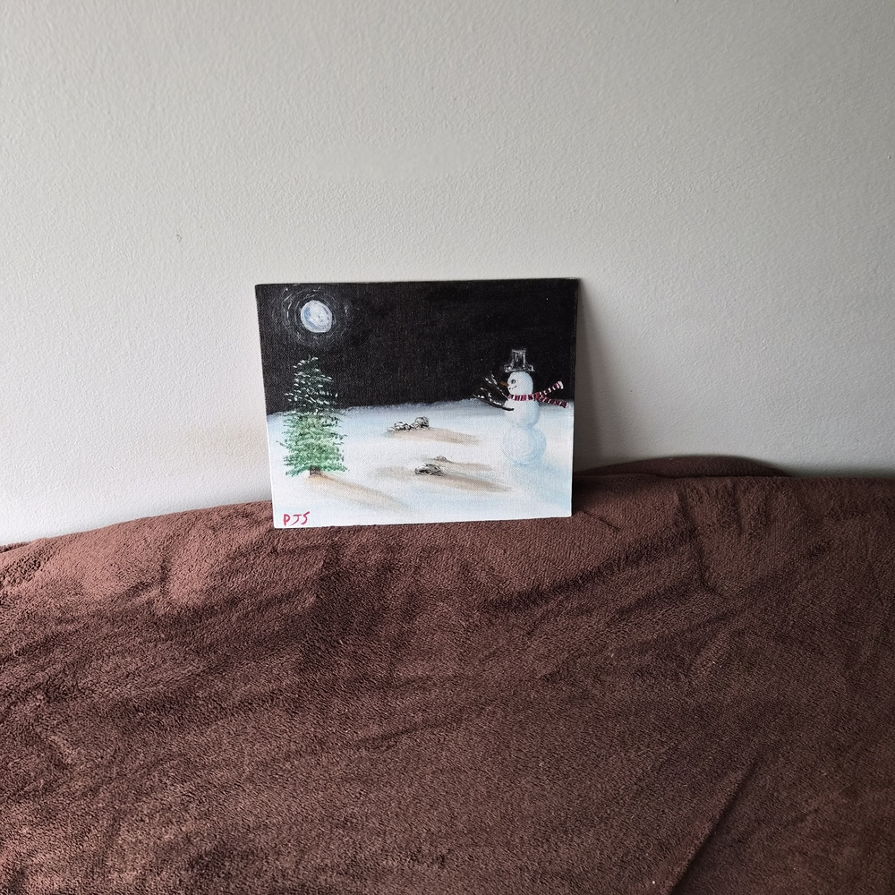 Hand Painted Cardstock Canvas Oil Paint Snowmam Tree Limited Pallet Landscape